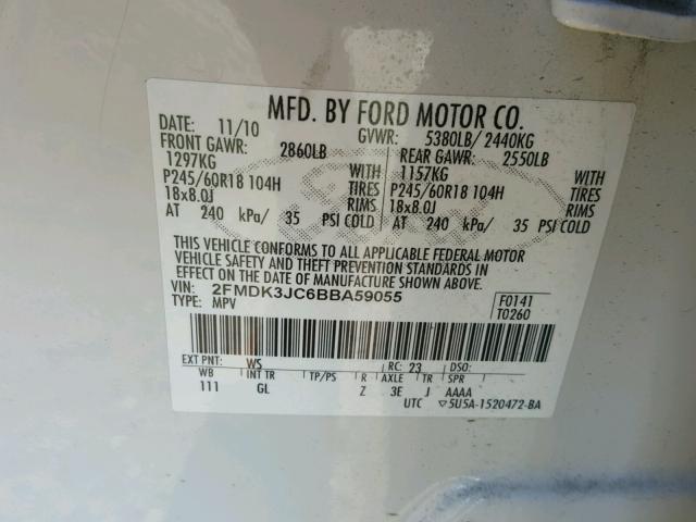 2FMDK3JC6BBA59055 - 2011 FORD EDGE SEL WHITE photo 10