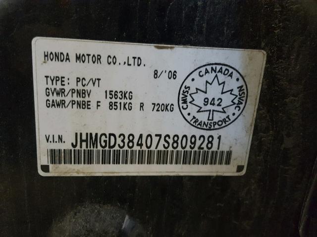 JHMGD38407S809281 - 2007 HONDA FIT BLACK photo 10