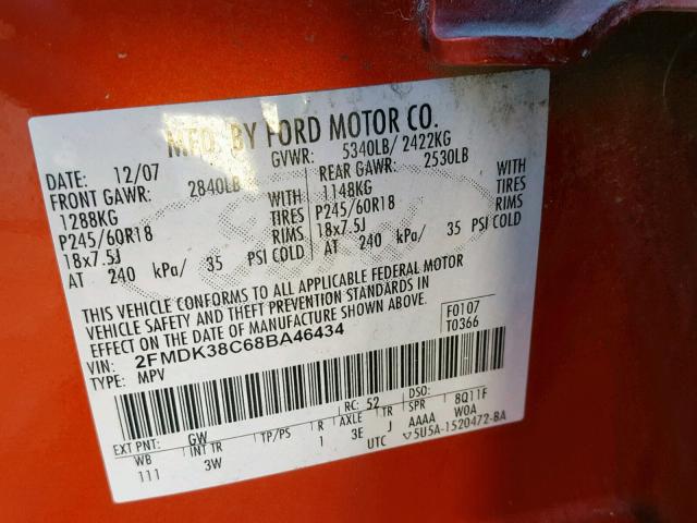 2FMDK38C68BA46434 - 2008 FORD EDGE SEL ORANGE photo 10