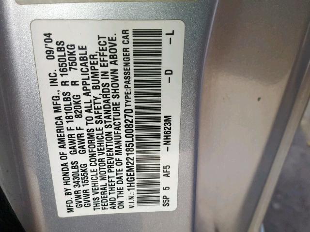 1HGEM22185L008270 - 2005 HONDA CIVIC DX V GRAY photo 10