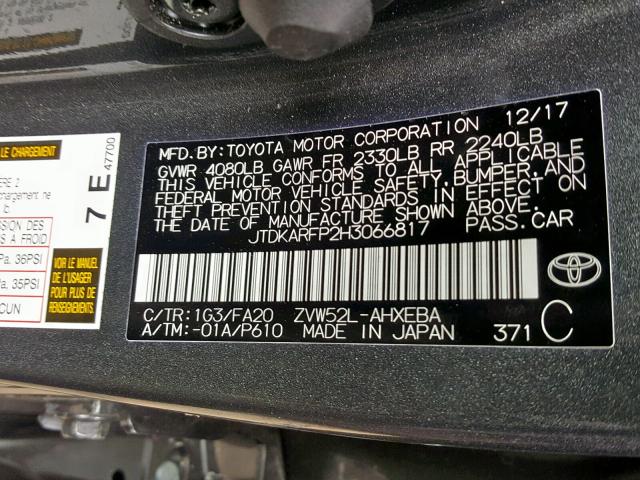JTDKARFP2H3066817 - 2017 TOYOTA PRIUS PRIM 灰色 照片 10