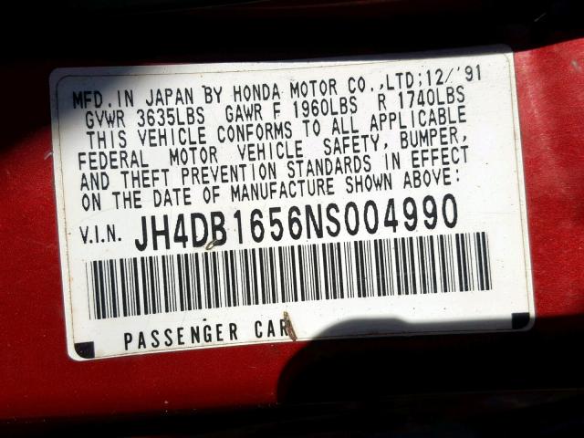 JH4DB1656NS004990 - 1992 ACURA INTEGRA LS RED photo 10