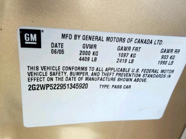 2G2WP522951345920 - 2005 PONTIAC GRAND PRIX GOLD photo 10