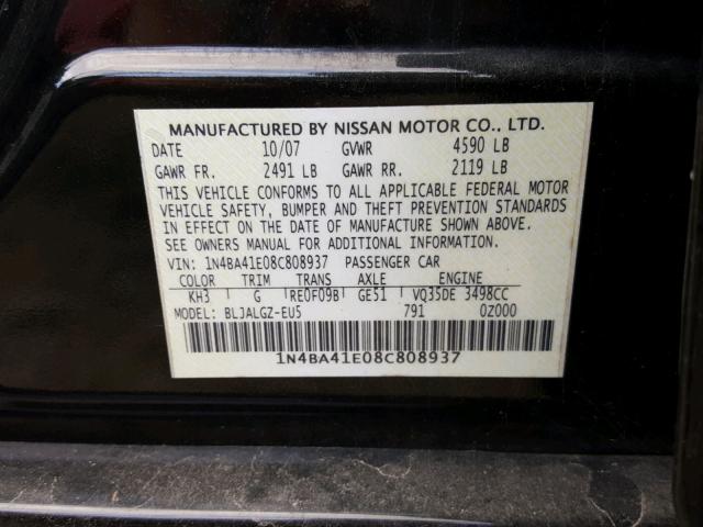 1N4BA41E08C808937 - 2008 NISSAN MAXIMA SE BLACK photo 10