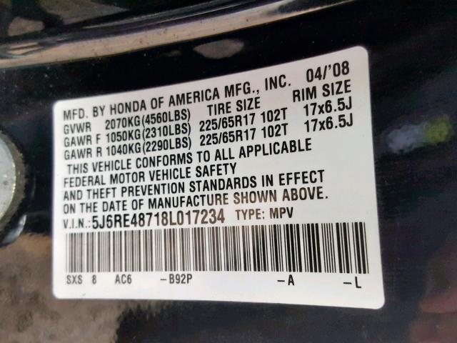 5J6RE48718L017234 - 2008 HONDA CR-V EXL BLACK photo 10