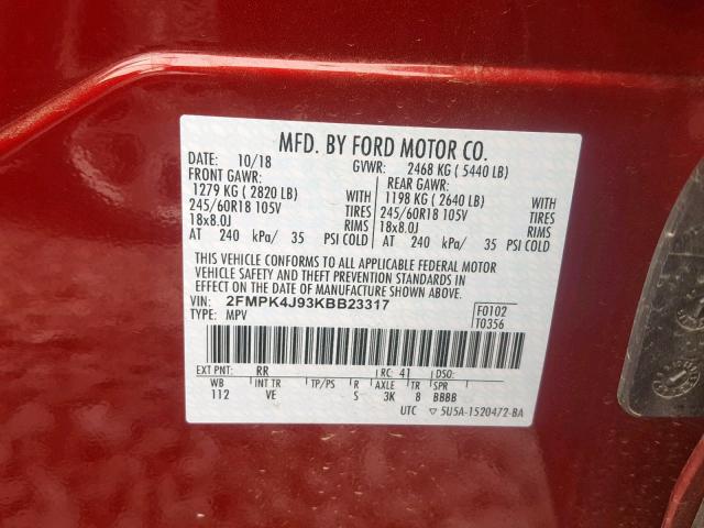 2FMPK4J93KBB23317 - 2019 FORD EDGE SEL RED photo 10