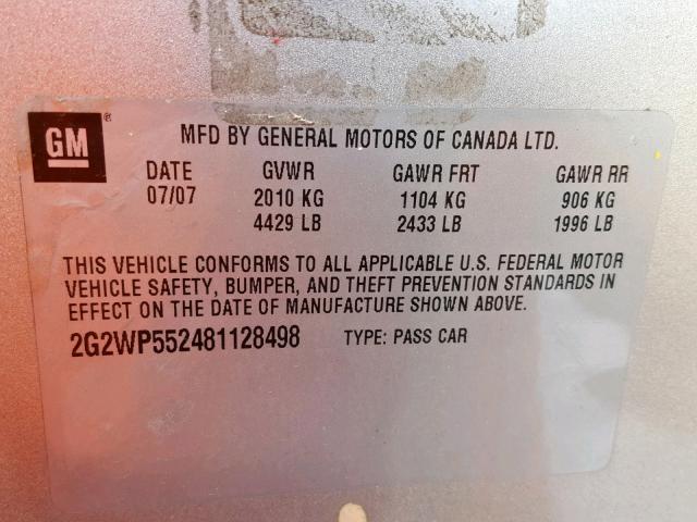 2G2WP552481128498 - 2008 PONTIAC GRAND PRIX SILVER photo 10