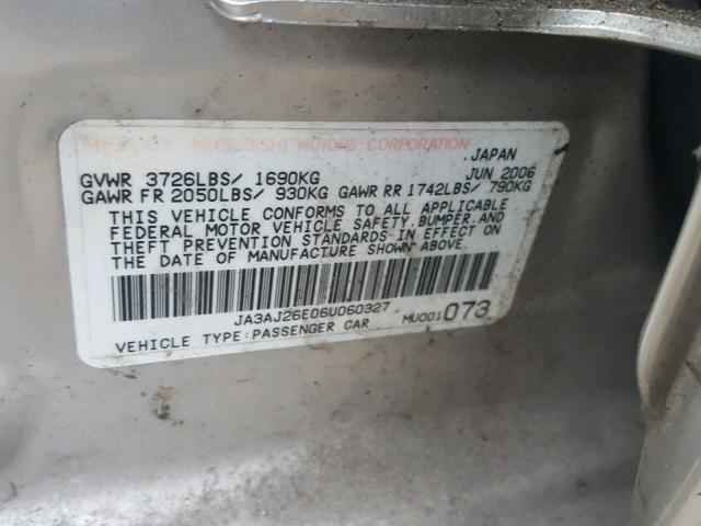 JA3AJ26E06U060327 - 2006 MITSUBISHI LANCER ES SILVER photo 10