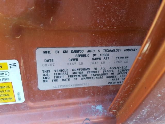 KL1TD566X8B090792 - 2008 CHEVROLET AVEO BASE Narıncı foto 10