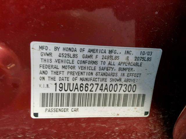 19UUA66274A007300 - 2004 ACURA TL RED photo 10