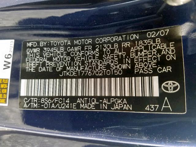 JTKDE177670210150 - 2007 TOYOTA SCION TC ლურჯი ფოტო 10