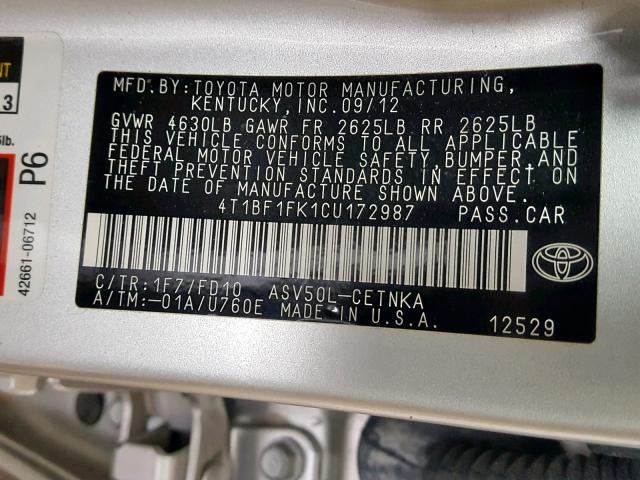 4T1BF1FK1CU172987 - 2012 TOYOTA CAMRY BASE SILVER photo 10