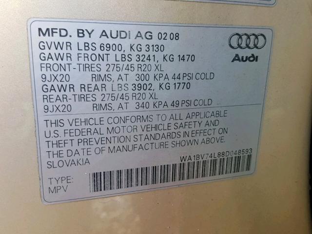 WA1BV74L88D048593 - 2008 AUDI Q7 4.2 QUA TAN photo 10