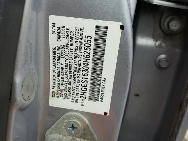 2HGES16304H625055 - 2004 HONDA CIVIC DX V SILVER photo 10