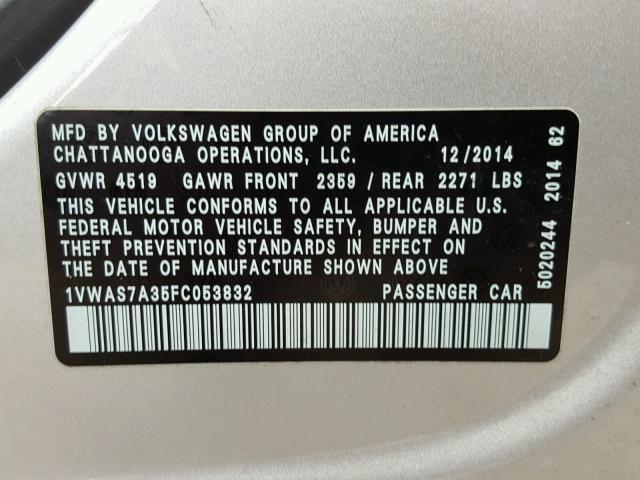 1VWAS7A35FC053832 - 2015 VOLKSWAGEN PASSAT S SILVER photo 10