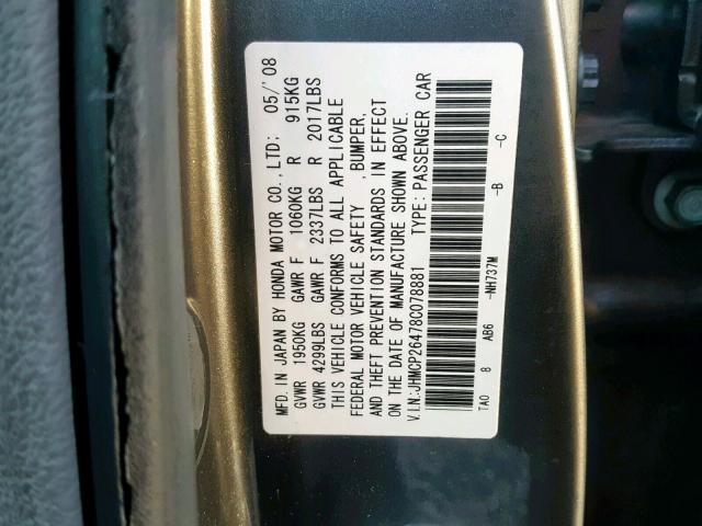 JHMCP26478C078881 - 2008 HONDA ACCORD LXP CHARCOAL photo 10