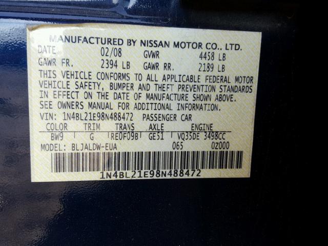 1N4BL21E98N488472 - 2008 NISSAN ALTIMA 3.5 BLUE photo 10