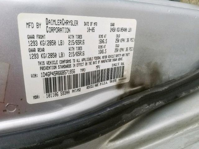 1D4GP45R66B571856 - 2006 DODGE CARAVAN SX SILVER photo 10