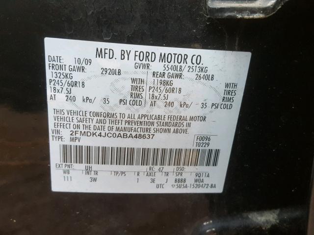 2FMDK4JC0ABA48637 - 2010 FORD EDGE SEL BLACK photo 10