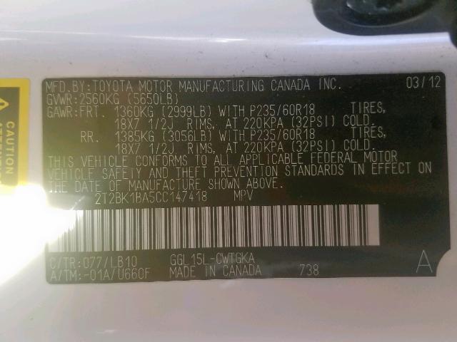 2T2BK1BA5CC147418 - 2012 LEXUS RX 350 WHITE photo 10