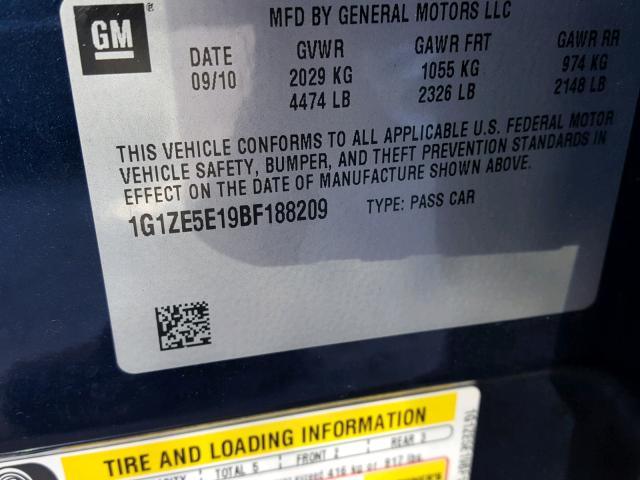 1G1ZE5E19BF188209 - 2011 CHEVROLET MALIBU LTZ ლურჯი ფოტო 10