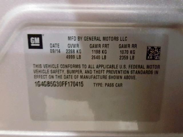 1G4GB5G30FF170415 - 2015 BUICK LACROSSE SILVER photo 10