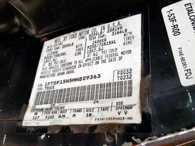 1FTDF15N5MNB09363 - 1991 FORD F150 BLACK photo 10