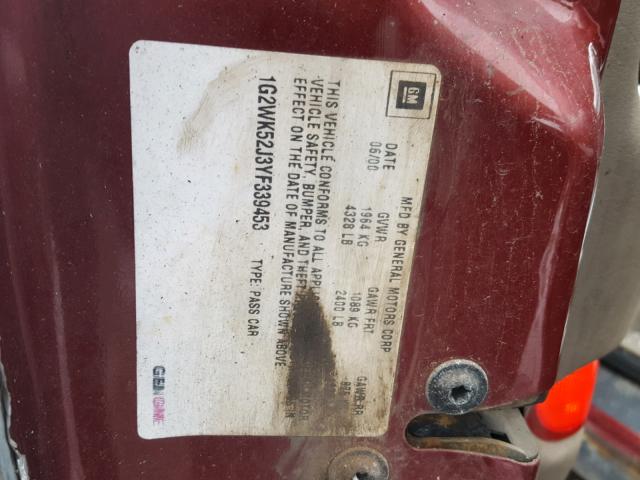 1G2WK52J3YF339453 - 2000 PONTIAC GRAND PRIX RED photo 10