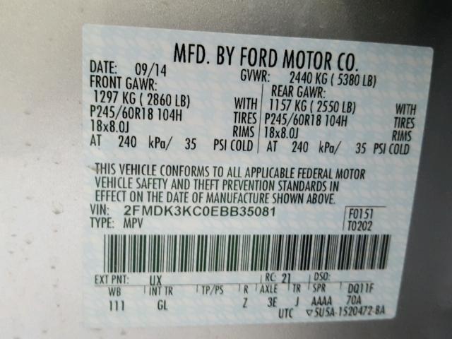 2FMDK3KC0EBB35081 - 2014 FORD EDGE LIMIT SILVER photo 10