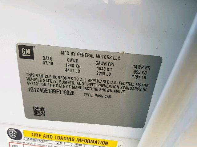 1G1ZA5E18BF119328 - 2011 CHEVROLET MALIBU LS WHITE photo 10