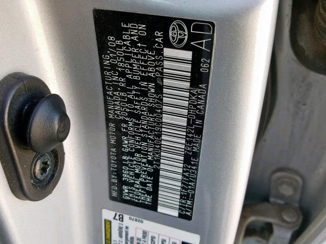 2T1KU40E19C004075 - 2009 TOYOTA COROLLA MA SILVER photo 10