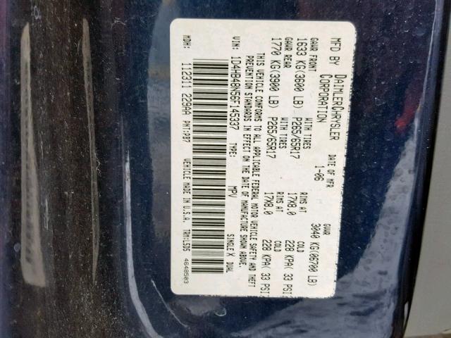 1D4HB48N56F145337 - 2006 DODGE DURANGO SL BLUE photo 10