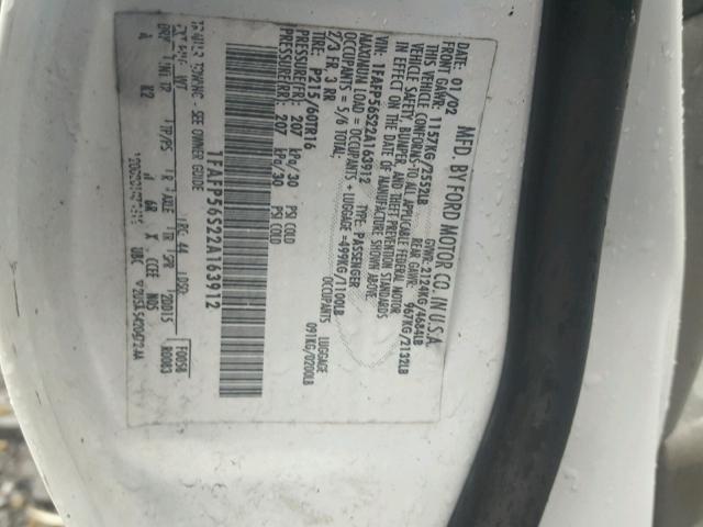 1FAFP56S22A163912 - 2002 FORD TAURUS SEL WHITE photo 10