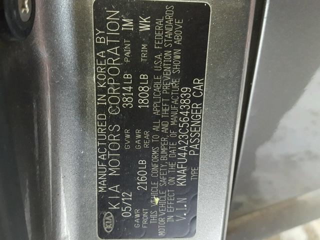 KNAFU4A23C5643839 - 2012 KIA FORTE EX GRAY photo 10