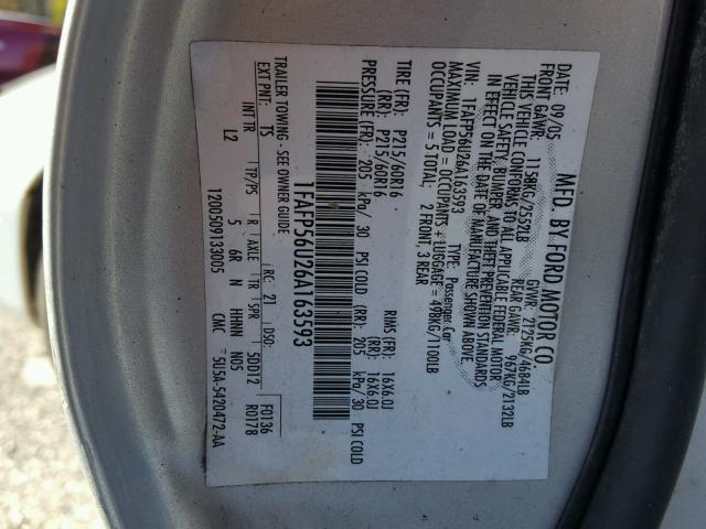 1FAFP56U26A163593 - 2006 FORD TAURUS SEL SILVER photo 10