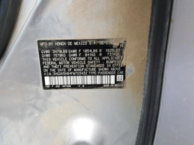 3HGGK5H84FM703432 - 2015 HONDA FIT EX SILVER photo 10