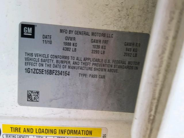 1G1ZC5E16BF234164 - 2011 CHEVROLET MALIBU 1LT WHITE photo 10