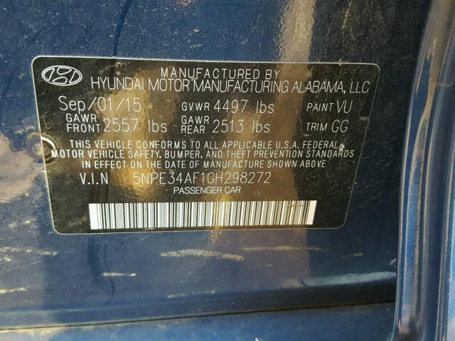 5NPE34AF1GH298272 - 2016 HYUNDAI SONATA SPO BLUE photo 10