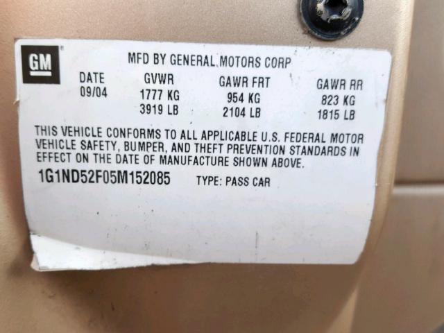 1G1ND52F05M152085 - 2005 CHEVROLET CLASSIC GOLD photo 10