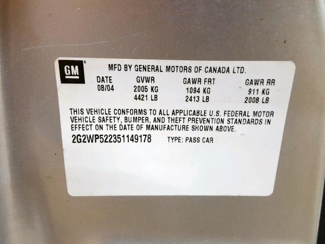 2G2WP522351149178 - 2005 PONTIAC GRAND PRIX SILVER photo 10