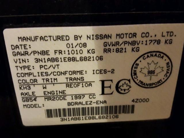 3N1AB61E88L682106 - 2008 NISSAN SENTRA 2.0 BLACK photo 10