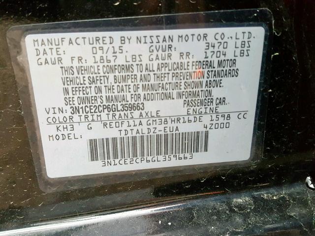 3N1CE2CP6GL359663 - 2016 NISSAN VERSA NOTE BLACK photo 10