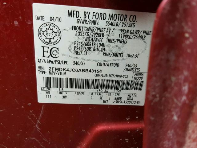 2FMDK4JC6ABB43154 - 2010 FORD EDGE SEL RED photo 10