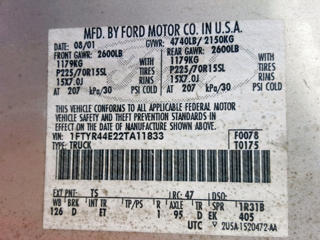 1FTYR44E22TA11833 - 2002 FORD RANGER SUP SILVER photo 10