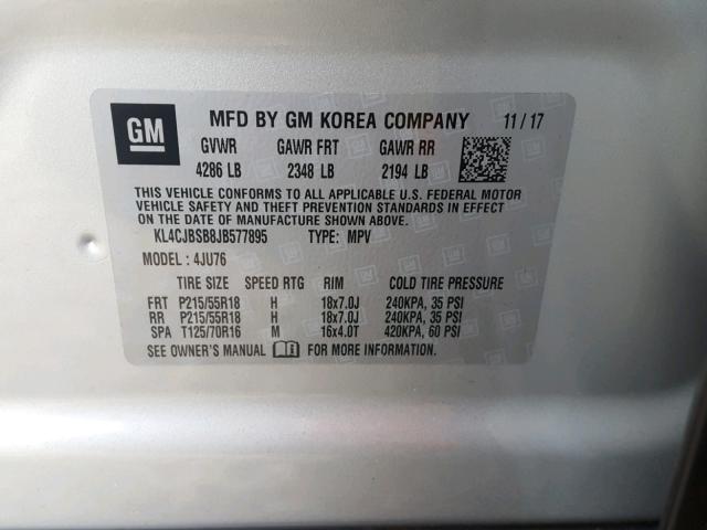 KL4CJBSB8JB577895 - 2018 BUICK ENCORE PRE SILVER photo 10