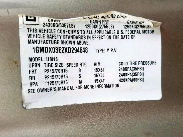 1GMDX03E2XD294648 - 1999 PONTIAC MONTANA / GOLD photo 10