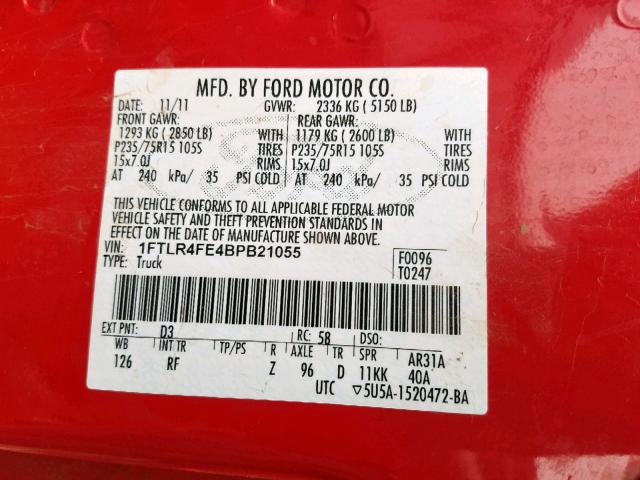 1FTLR4FE4BPB21055 - 2011 FORD RANGER SUP RED photo 10