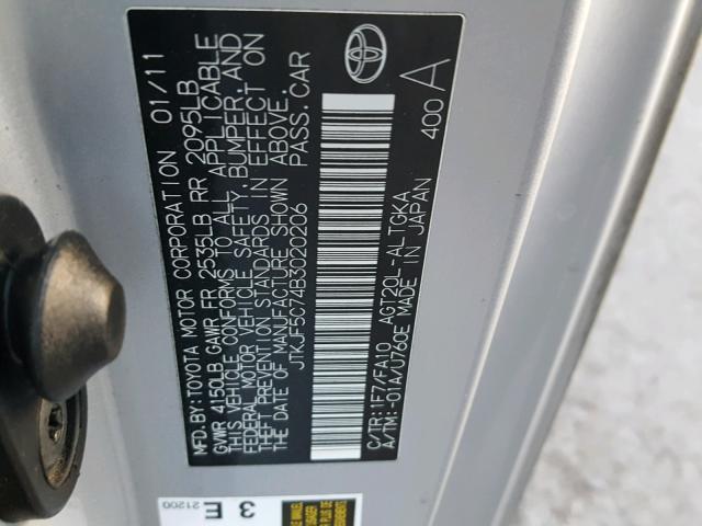 JTKJF5C74B3020206 - 2011 TOYOTA SCION TC SILVER photo 10