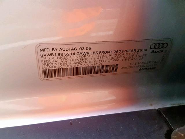 WAUDG74F35N104137 - 2005 AUDI A6 3.2 QUA SILVER photo 10