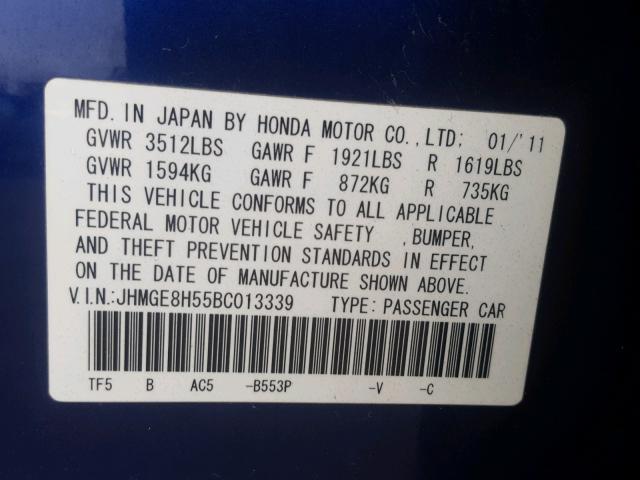 JHMGE8H55BC013339 - 2011 HONDA FIT SPORT BLUE photo 10